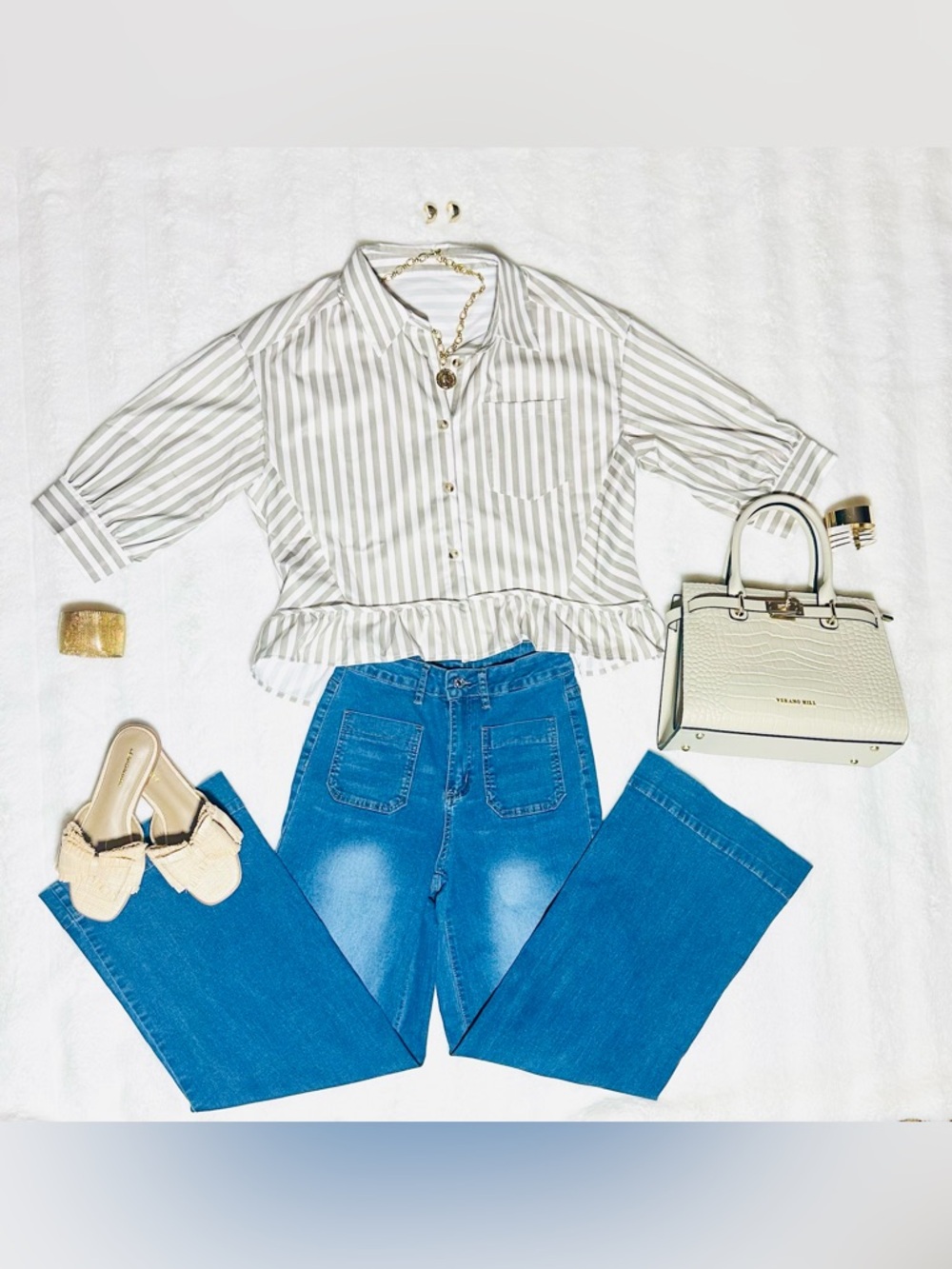 Striped Light Green/Gray Button Up Collared Shirt